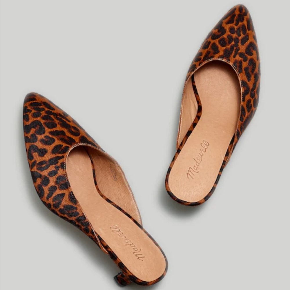 Madewell Taye calf hair leopard mules kitten heel